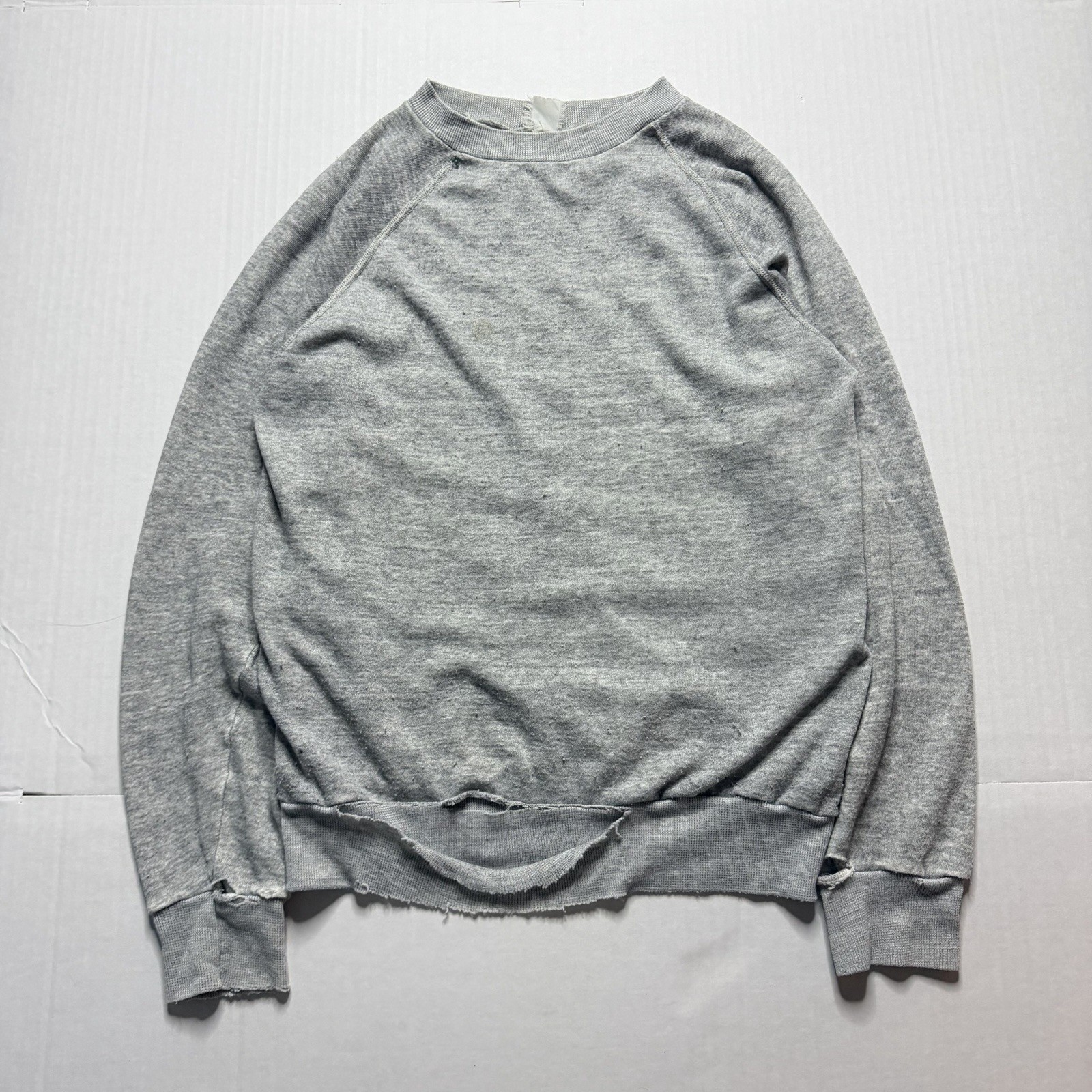 Vintage 60s Grey Sweatshirt Cotton Blank Distressed Flatlock Stitch Medium USA