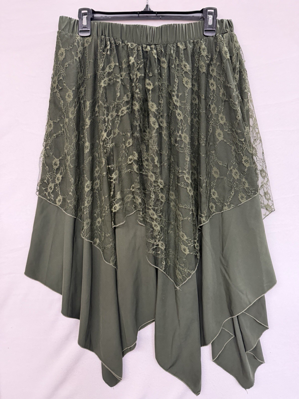 ROMWE Olive Green Lace Handkerchief Hem Skirt 2XL Boho Fairycore Goth Whimsical