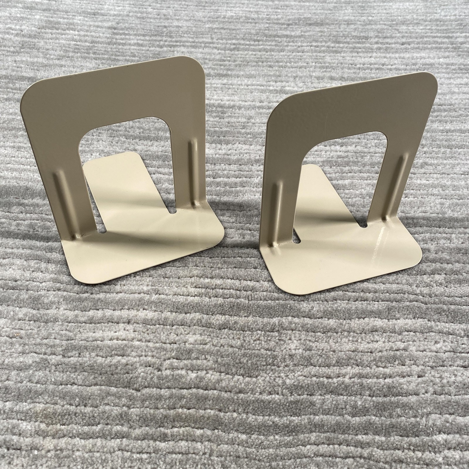 Vintage Metal Bookends Pair Beige Tan Smooth Shelf Supports Office Desk Library