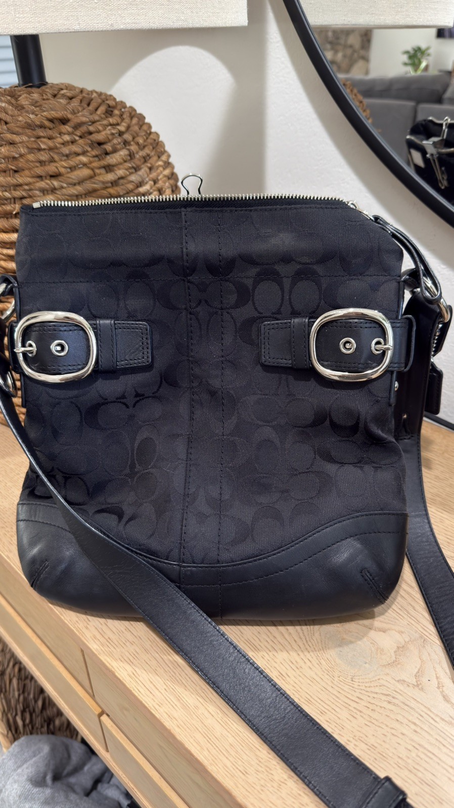 Coach Soho Signature Jacquard Black Buckle Crossbody Shoulder Bag Leather Trim