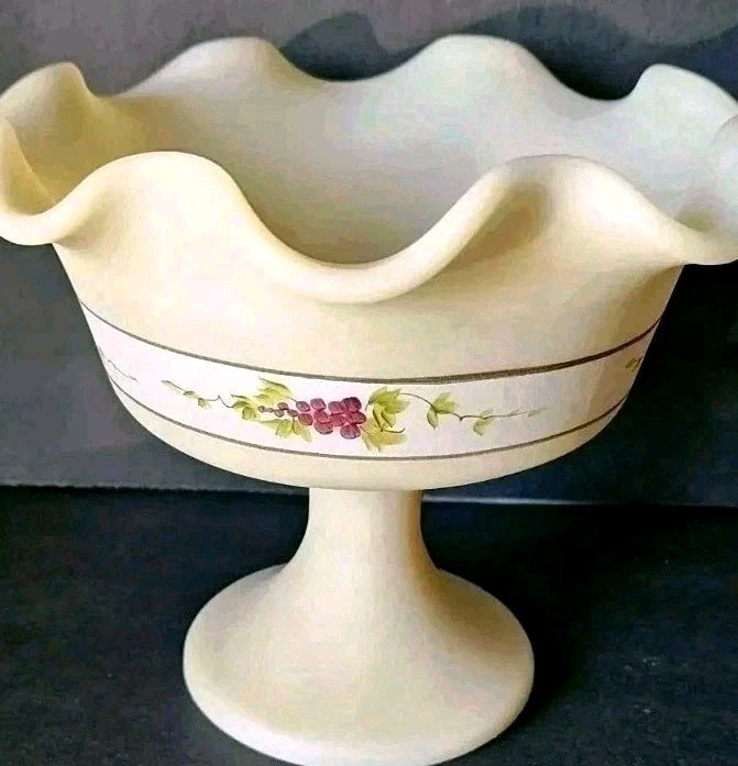 Vintage Fenton Satin Custard Glass Footed Compote Dish Grapes Artist Signed Vintage Fenton Satin Custard Glass Footed Compote Dish Grapes Artist Signed