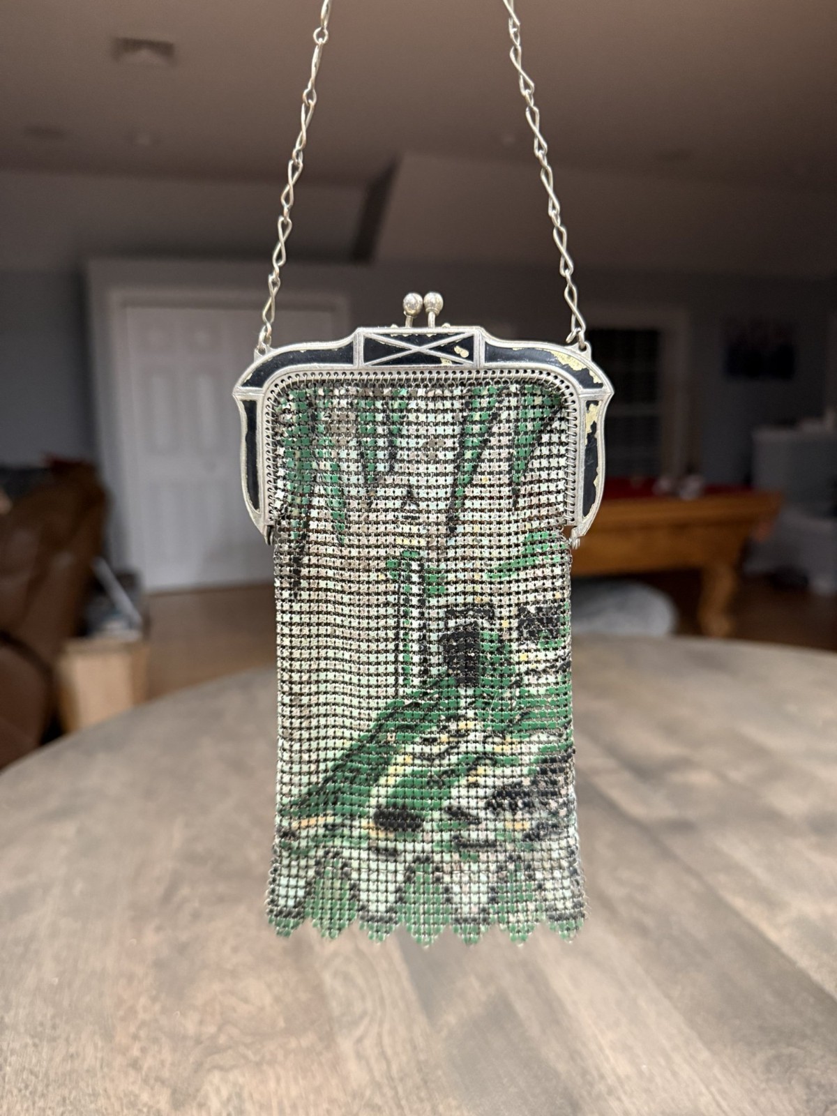 Antique 1920s Whiting Davis Enamel Mesh Purse Art Deco Flapper Bag Painted Scene