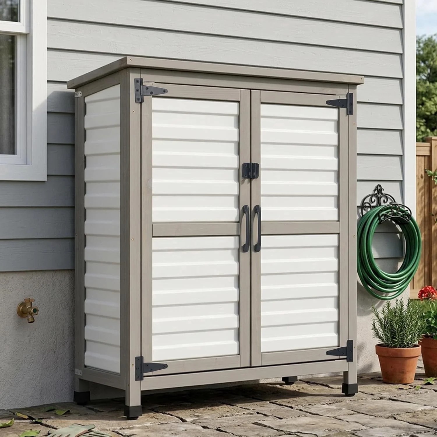 PETSCOSSET Outdoor Storage Cabinet with Lockable Doors, Wood & Plastic