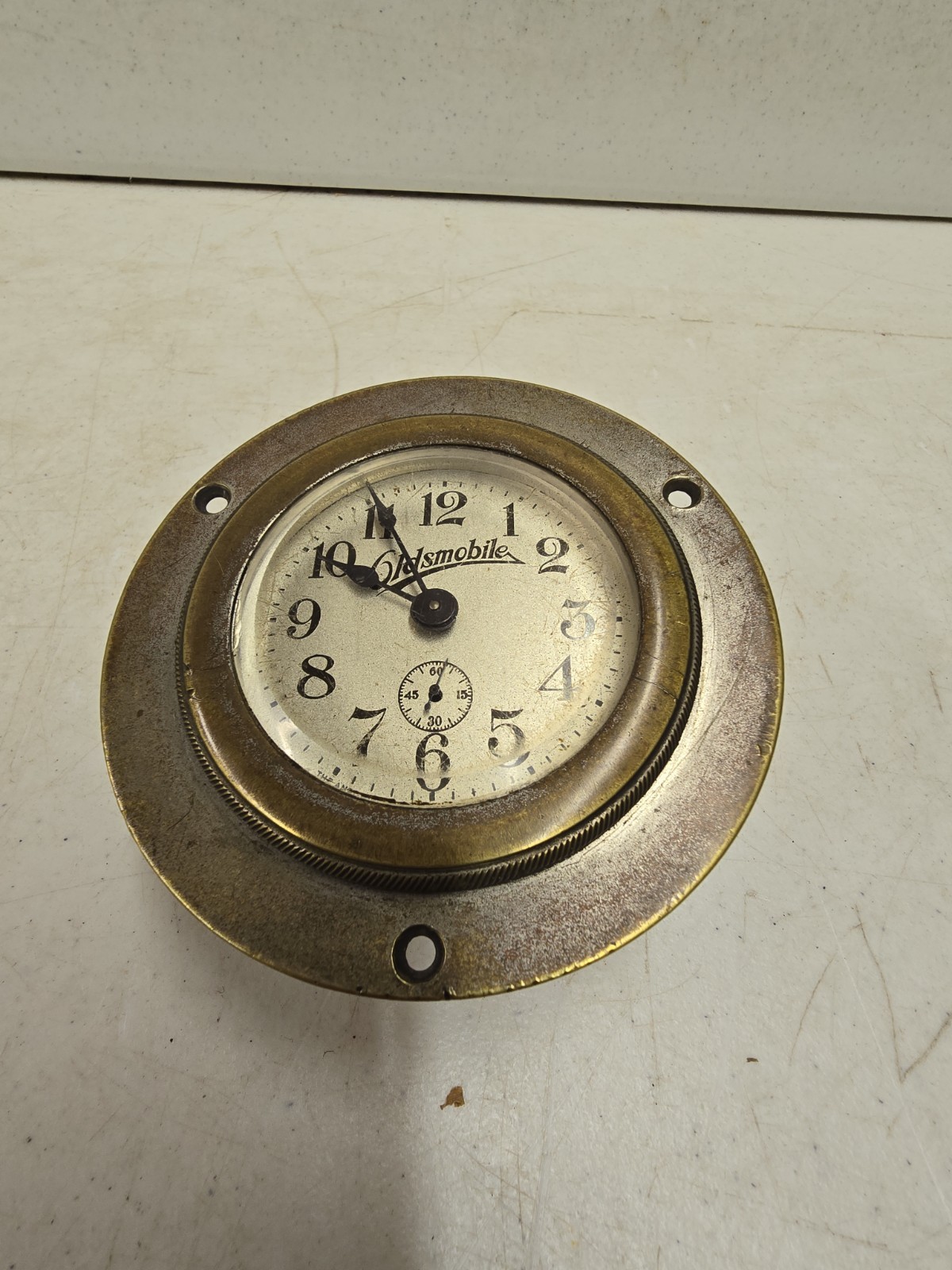 Antique Ansonia Key Wind Brass Era C1915 Oldsmobile Dash Clock - RUNS