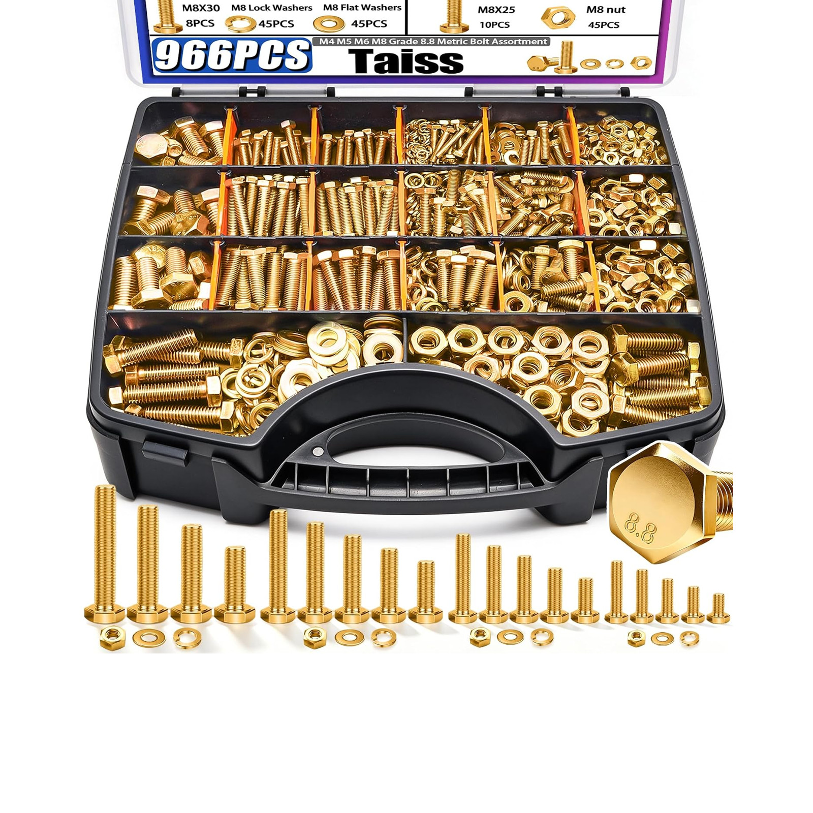 Grade 8.8 Metric Bolt and Nut Assortment Kit With Washers M4 M5 M6 M8 966pcs Grade 8.8 Metric Bolt and Nut Assortment Kit With Washers M4 M5 M6 M8 966pcs