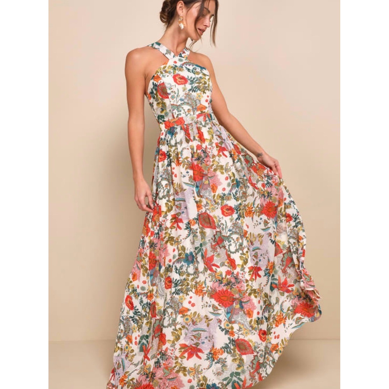 Lulus Lilja Cream Floral Print Maxi Dress size medium boho whimsy - flawed