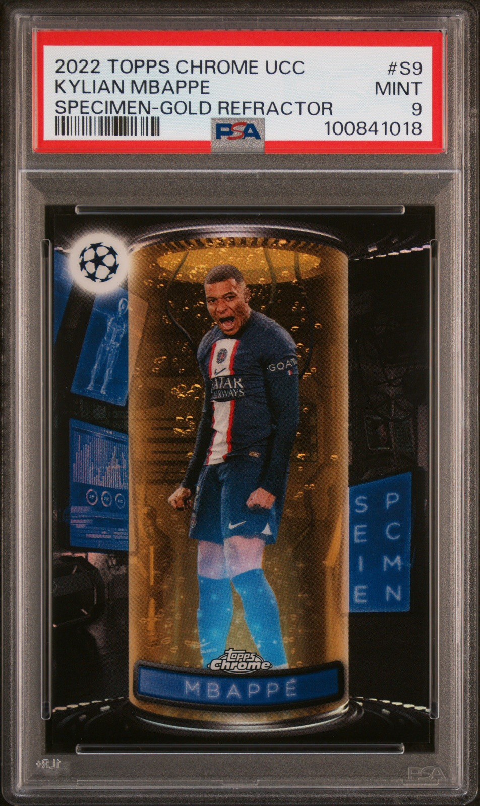 2022-23 Topps Chrome UEFA Kylian Mbappe Specimens Gold Refractor #/50 PSG PSA 9.