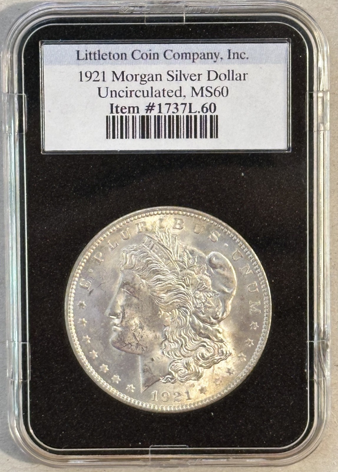 1921 Morgan Silver Dollar - Philadelphia Mint - MS60 (Littleton Coin Co. Graded) 1921 Morgan Silver Dollar - Philadelphia Mint - MS60 (Littleton Coin Co. Graded)