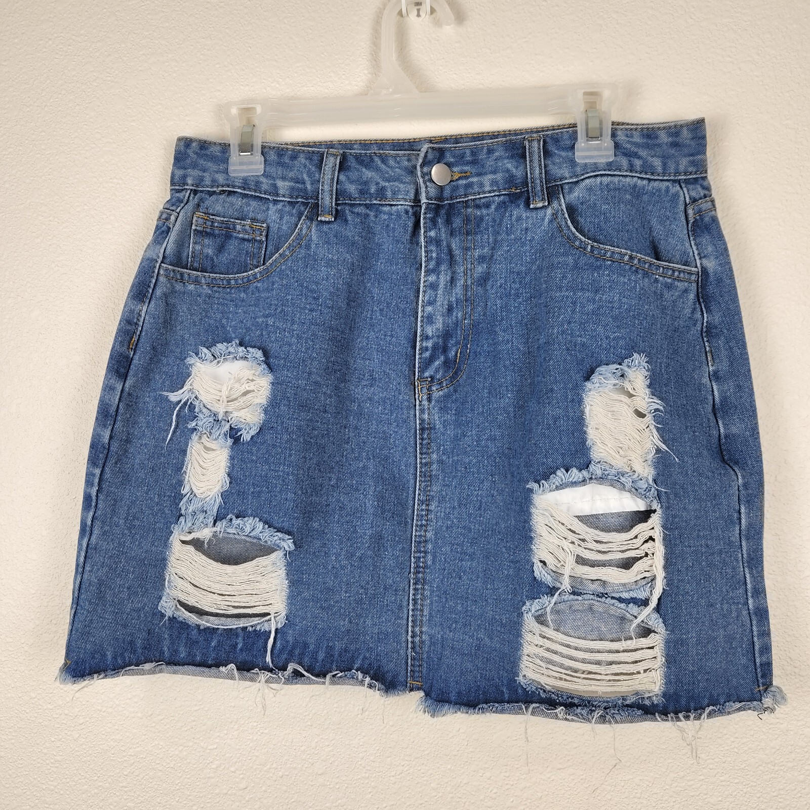 Romwe Women\'s Frayed Denim Jean Skirt Size L Distressed Country Western Festival Romwe Women\'s Frayed Denim Jean Skirt Size L Distressed Country Western Festival