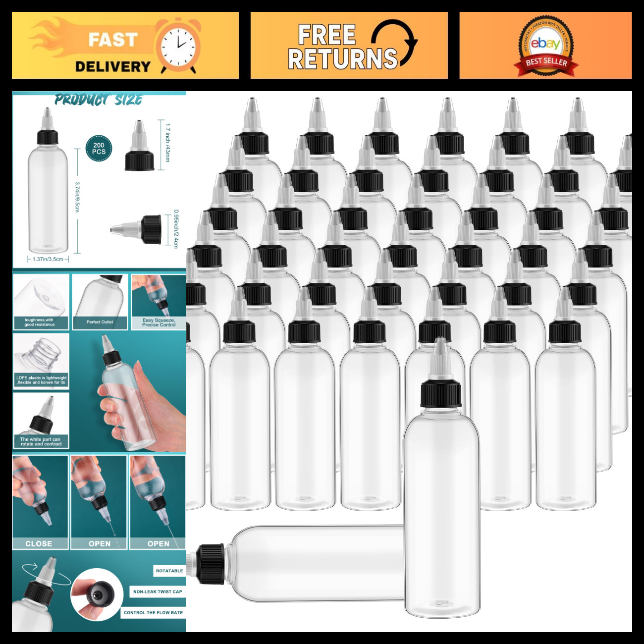 200 Pcs 2 oz Plastic Squeeze Bottles with Twist Cap - White, Ideal for Crafts &
