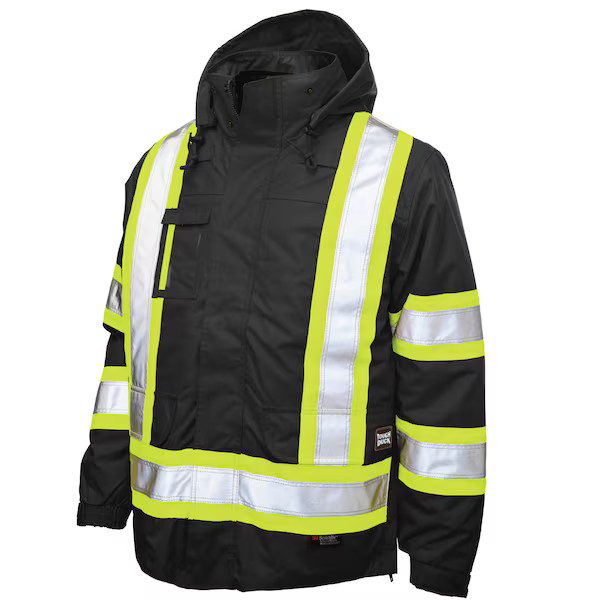 Men\'s Hi-Vis 5-in-1 Safety Jacket, 300D Poly Oxford with PU Coating, Black, 3XL