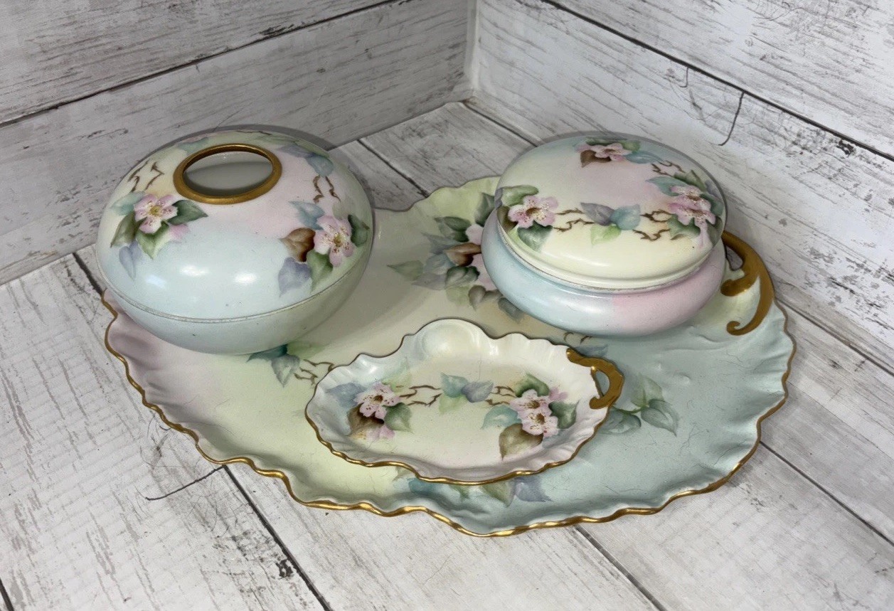 Atq LIMOGES 6 Pc Hand Painted Tri-color Embossed Porcelain Dresser Vanity Set