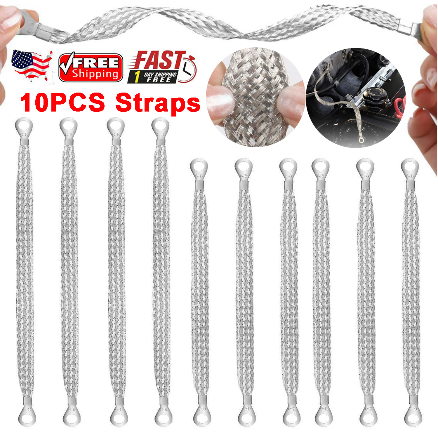 10X Universal Engine Automotive Ground Strap Connector Flat Braided Copper Cable 10X Universal Engine Automotive Ground Strap Connector Flat Braided Copper Cable