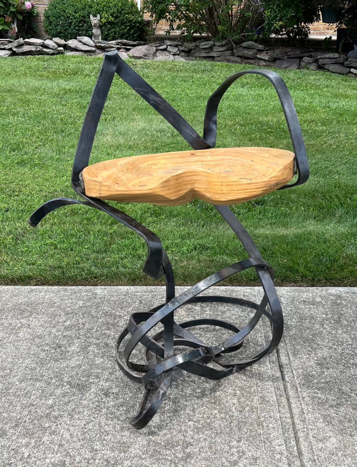 Handcrafted Iron & Wood Sculptural Ribbon Chair Stool One of A Kind Art Piece Handcrafted Iron & Wood Sculptural Ribbon Chair Stool One of A Kind Art Piece