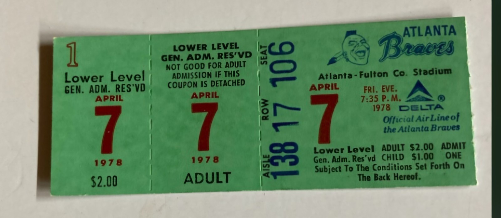 Atlanta Braves vs LA Dodgers 4/7/1978 Ticket Stub, Bobby Cox Managerial Debut