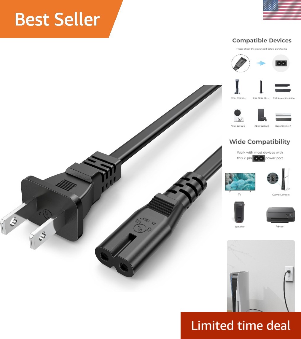 Durable 4FT Figure 8 Power Cable for PS5/Xbox -  Listed Safety Assurance