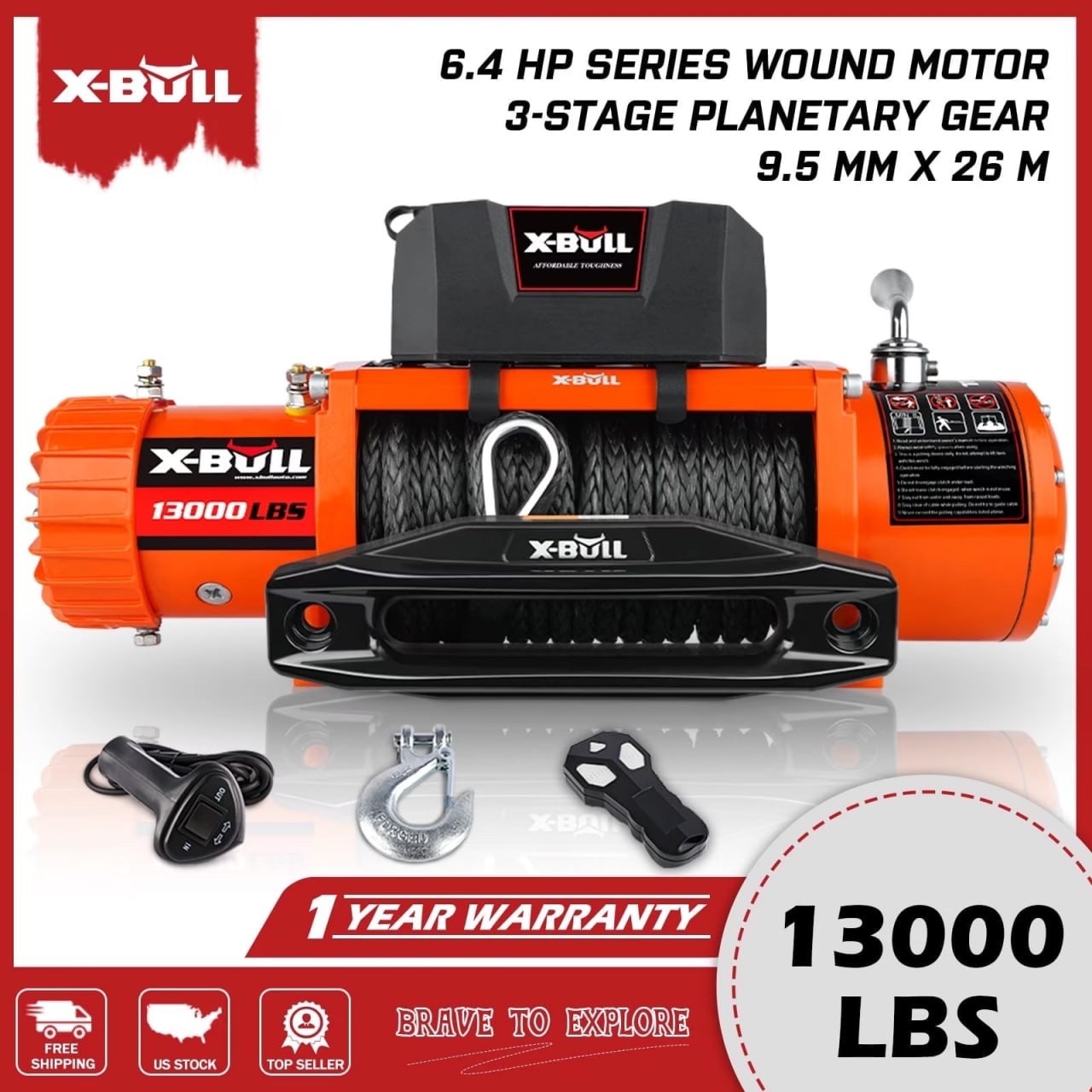X-BULL 13000LBS 12V Electric Winch Synthetic Rope Wireless Remote