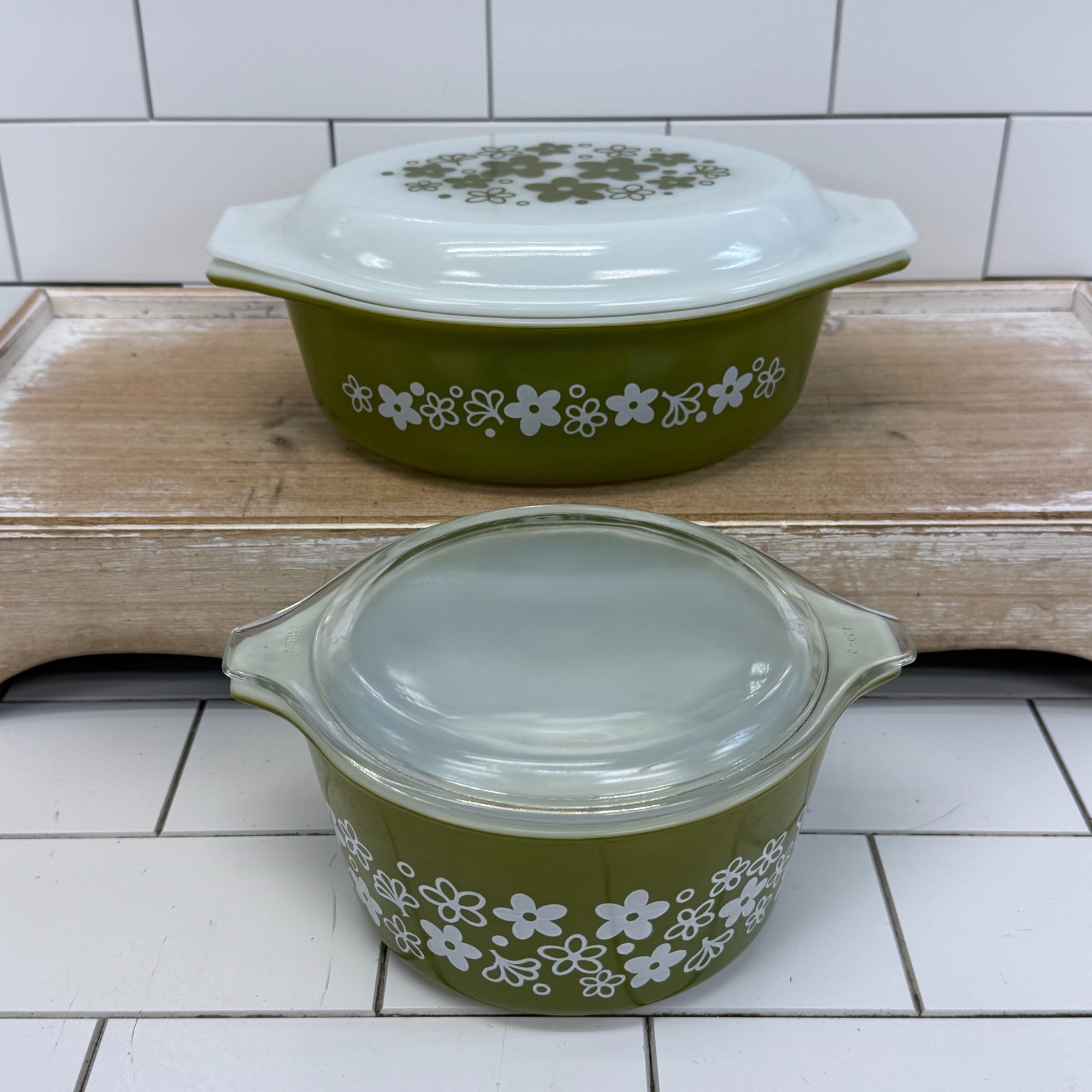 Vintage Pyrex Casserole Dish Set of 2 Spring Blossom Crazy Daisy Avocado Green