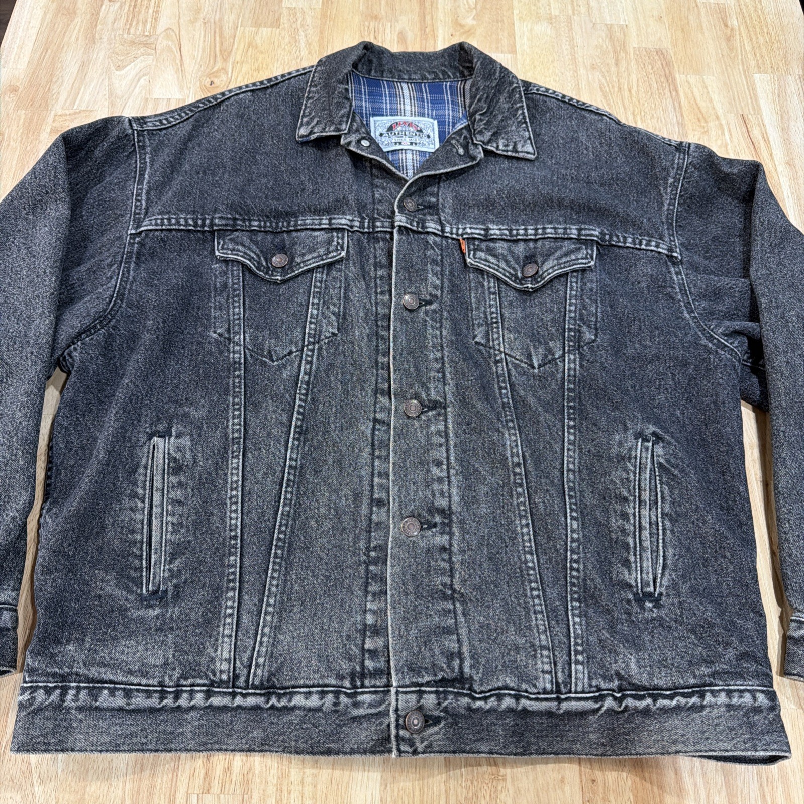 Vintage 1993 Levi\'s Jacket Orange Tab Denim Washed Black Flannel Lined Mens XL