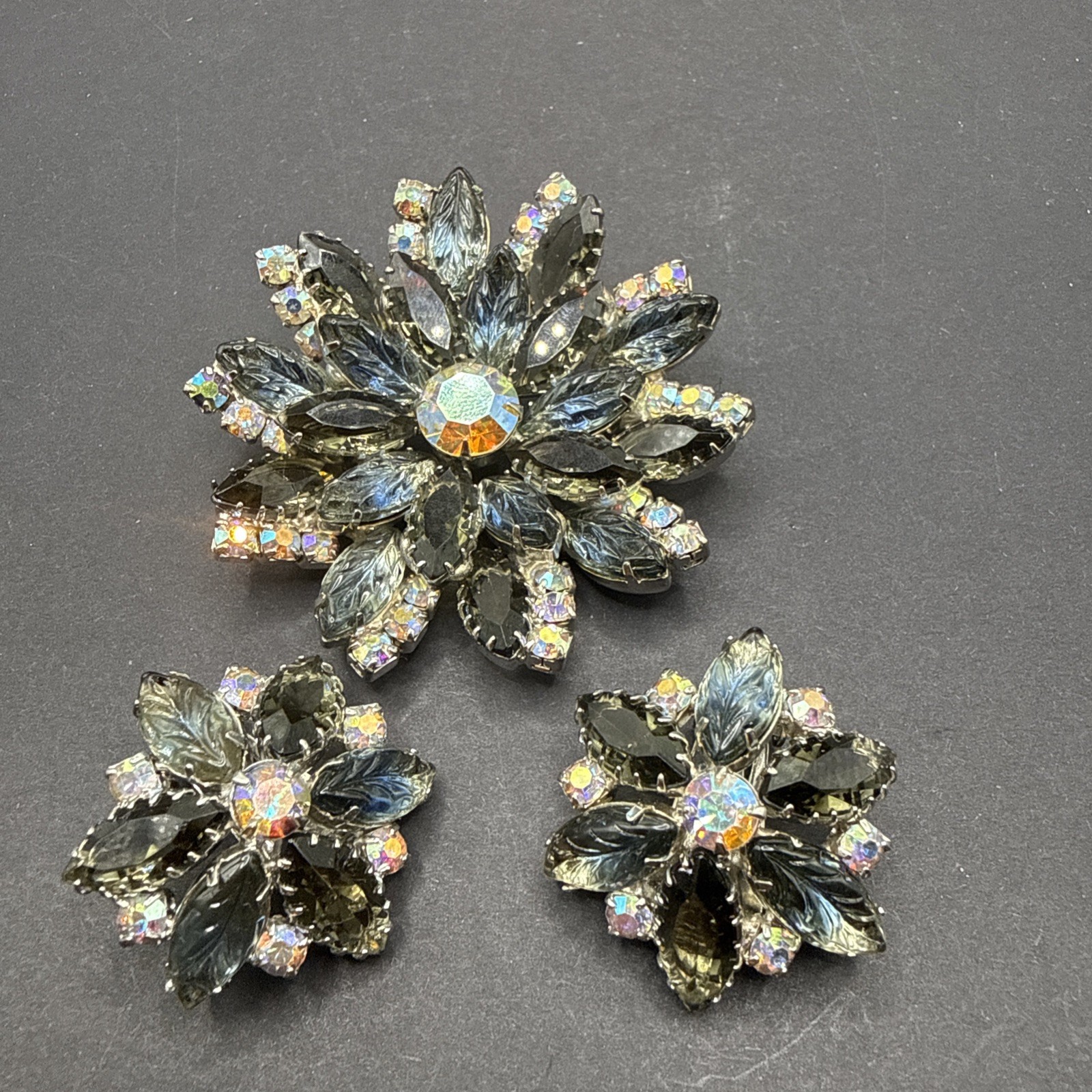 Vintage Molded Givre Glass AB Leaves & Smokey  Rhinestone Brooch & Clip On Ear