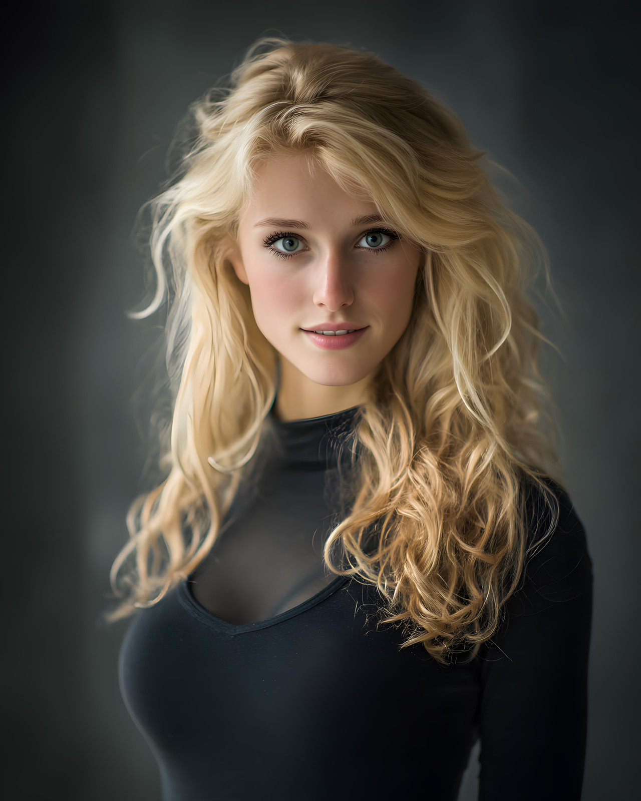 Joyful Long Wavy Blonde in Black High Neck Top Art/456135725