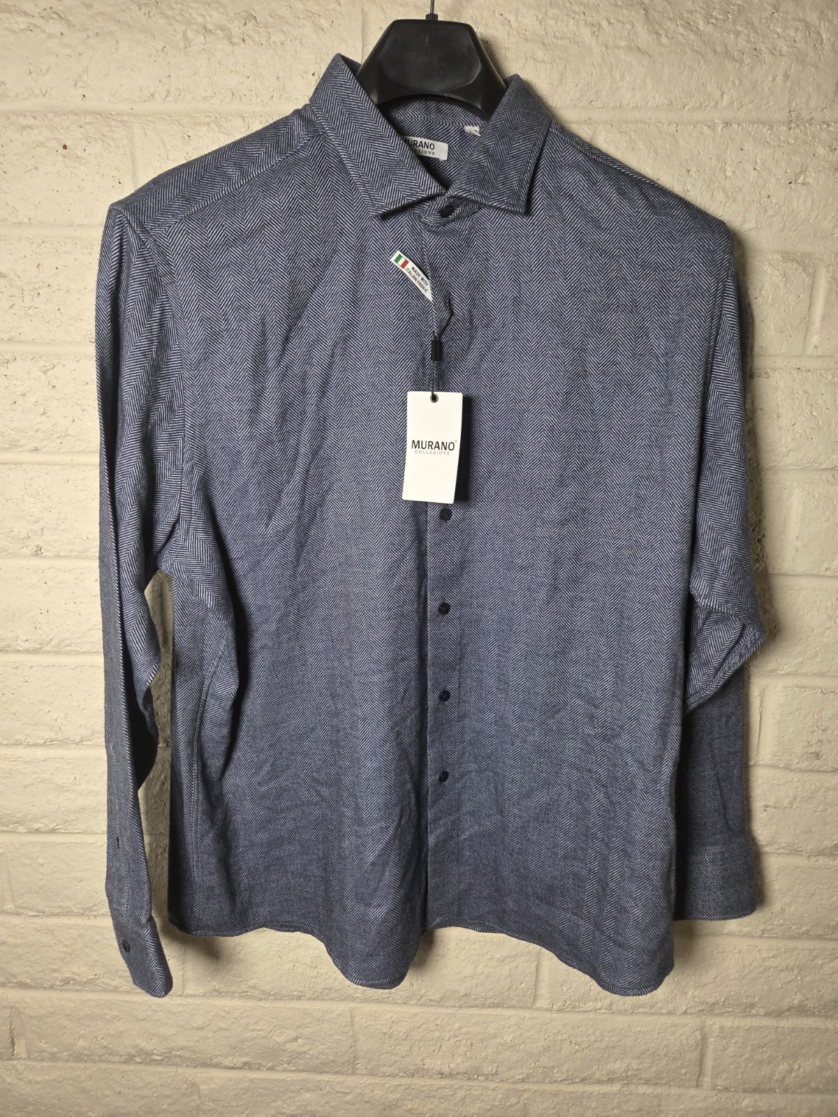NWT Murano Collezione Mens XXL Dress Shirt Grey Blue Herringbone Italian Fabric