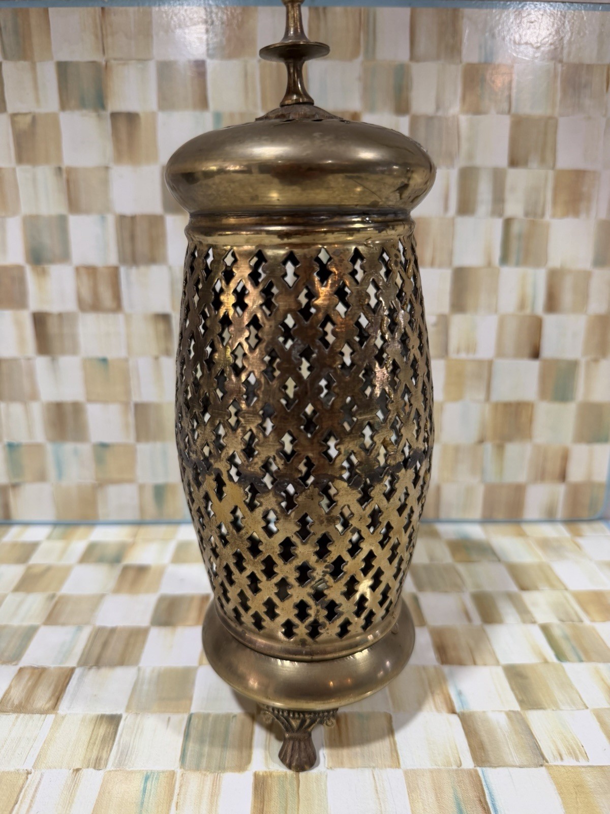 VINTAGE BRASS ARABIC FILIGREE CANDLE HOLDER, LANTERN, INCENSE BURNER, MOROCCAN
