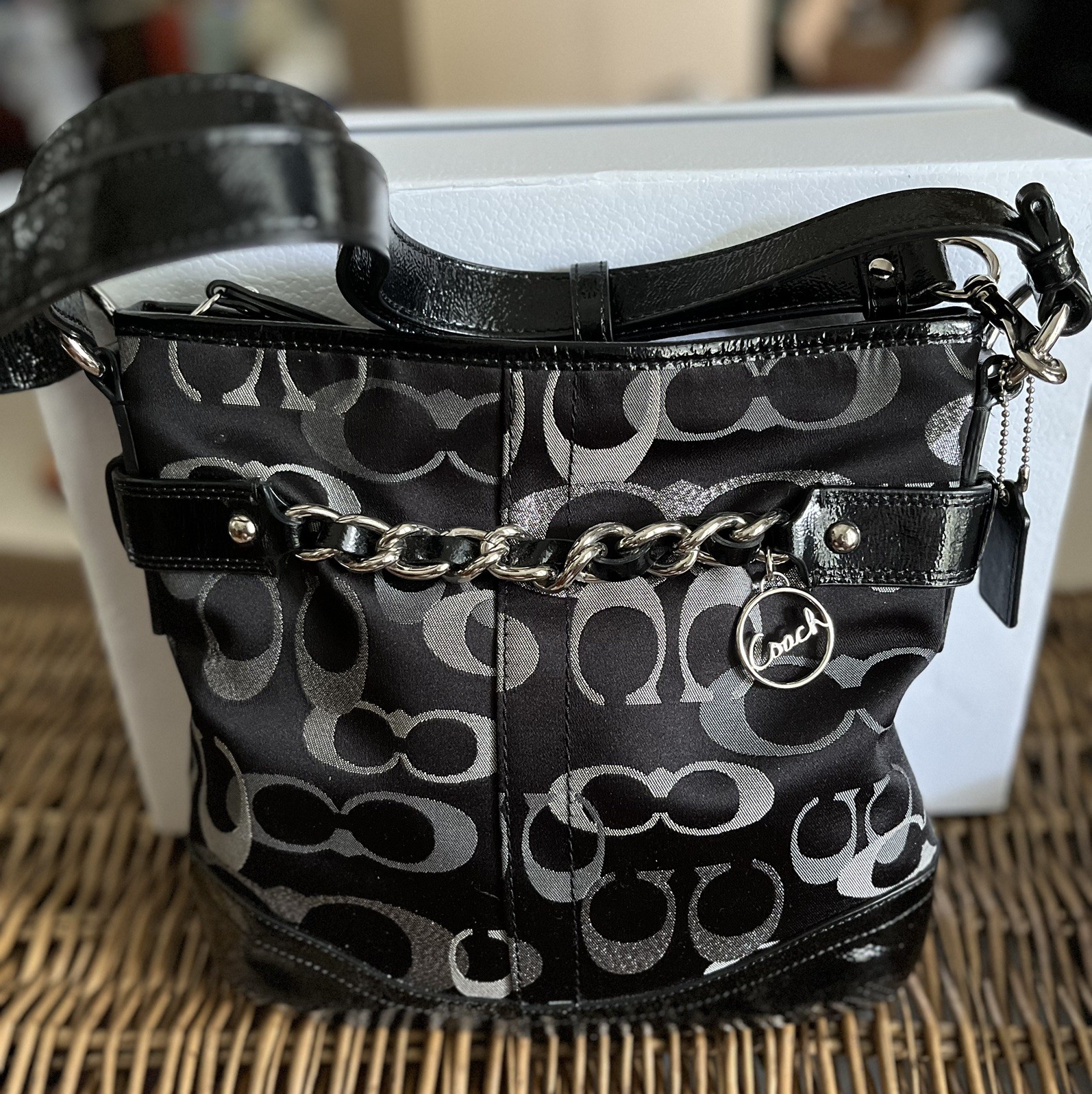 Authentic COACH Black/Silver Metallic Logo Moto Hobo Shoulder Bag, NWOT