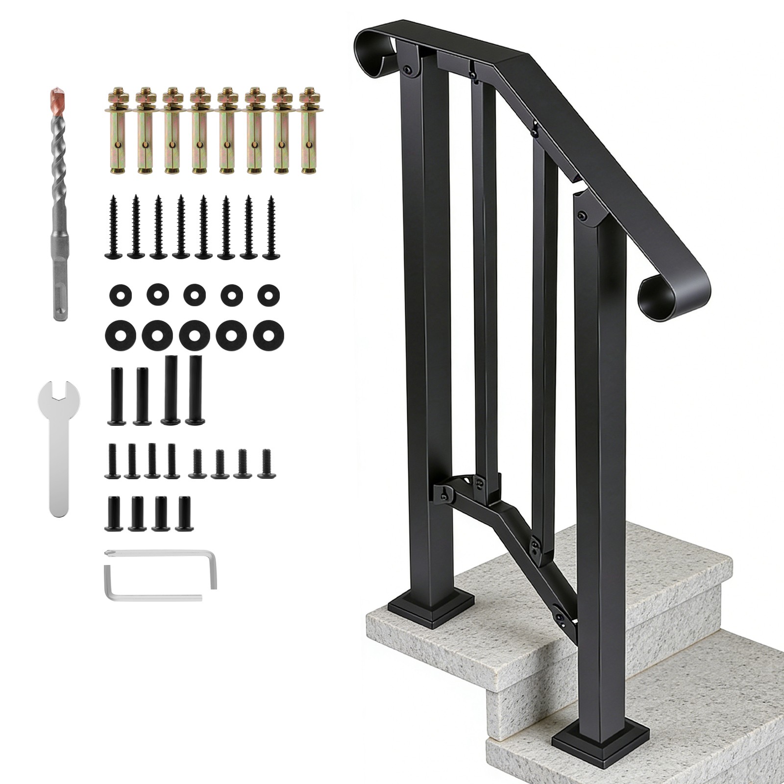 Handrails for Outdoor Steps Matte Black Wrought Iron Stair Railing for 1-2 Step Handrails for Outdoor Steps Matte Black Wrought Iron Stair Railing for 1-2 Step