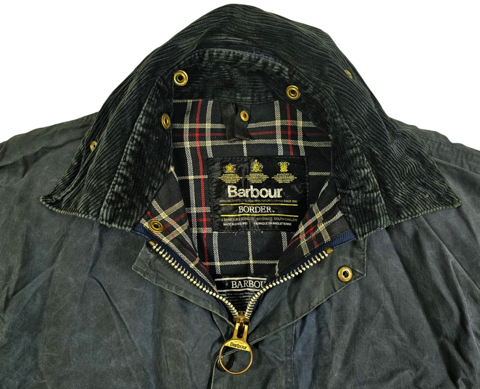 HOT VTG ENGLAND Men\'s BARBOUR @ BORDER PARKA LINED NAVY GRAY WAXED COAT Jacket L
