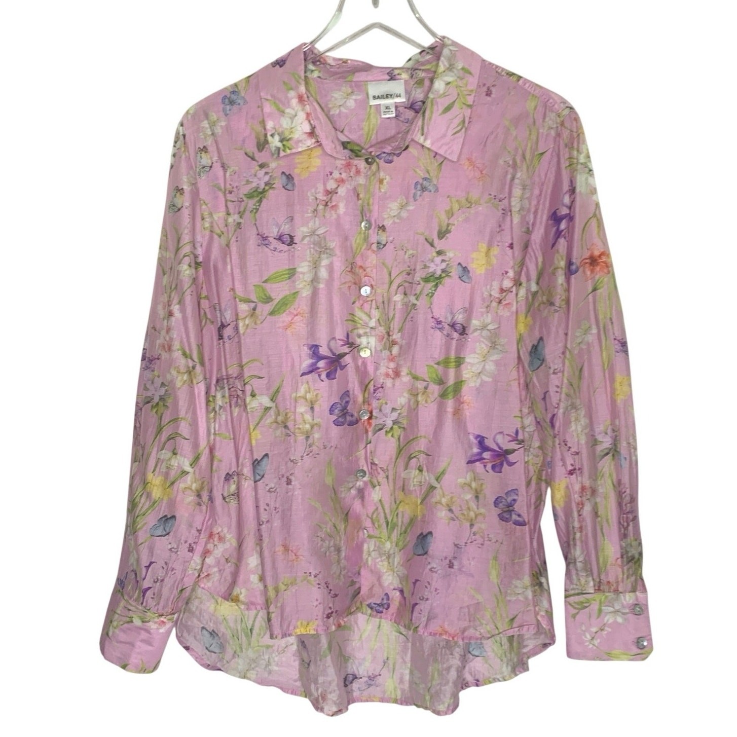 Bailey 44 Pink Floral Garden Button Front Blouse XL Lightweight Long Sleeve