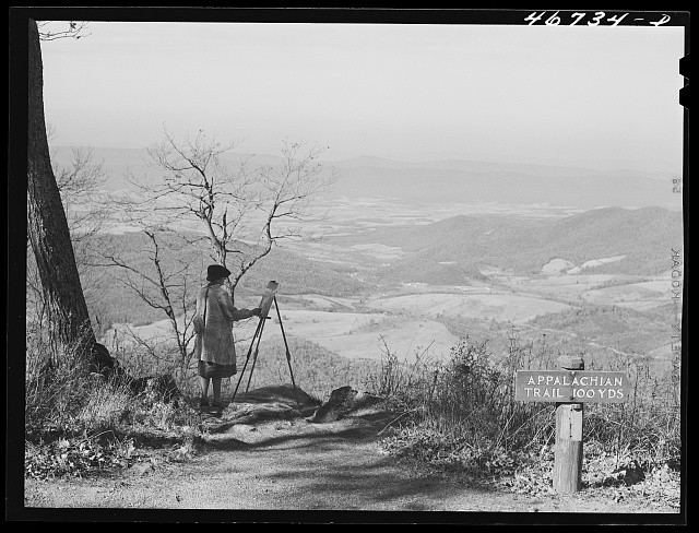 Photo:Appalachian Trail 1930s Scenic Overlook Woman with Tripod Sign