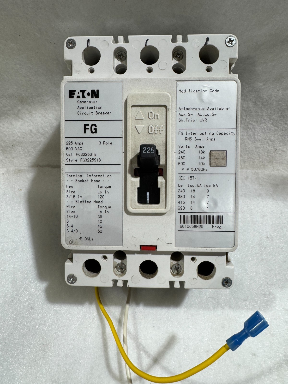 Eaton Cutler Hammer FG3225S18 225A EG Frame 600V Circuit Breaker Used