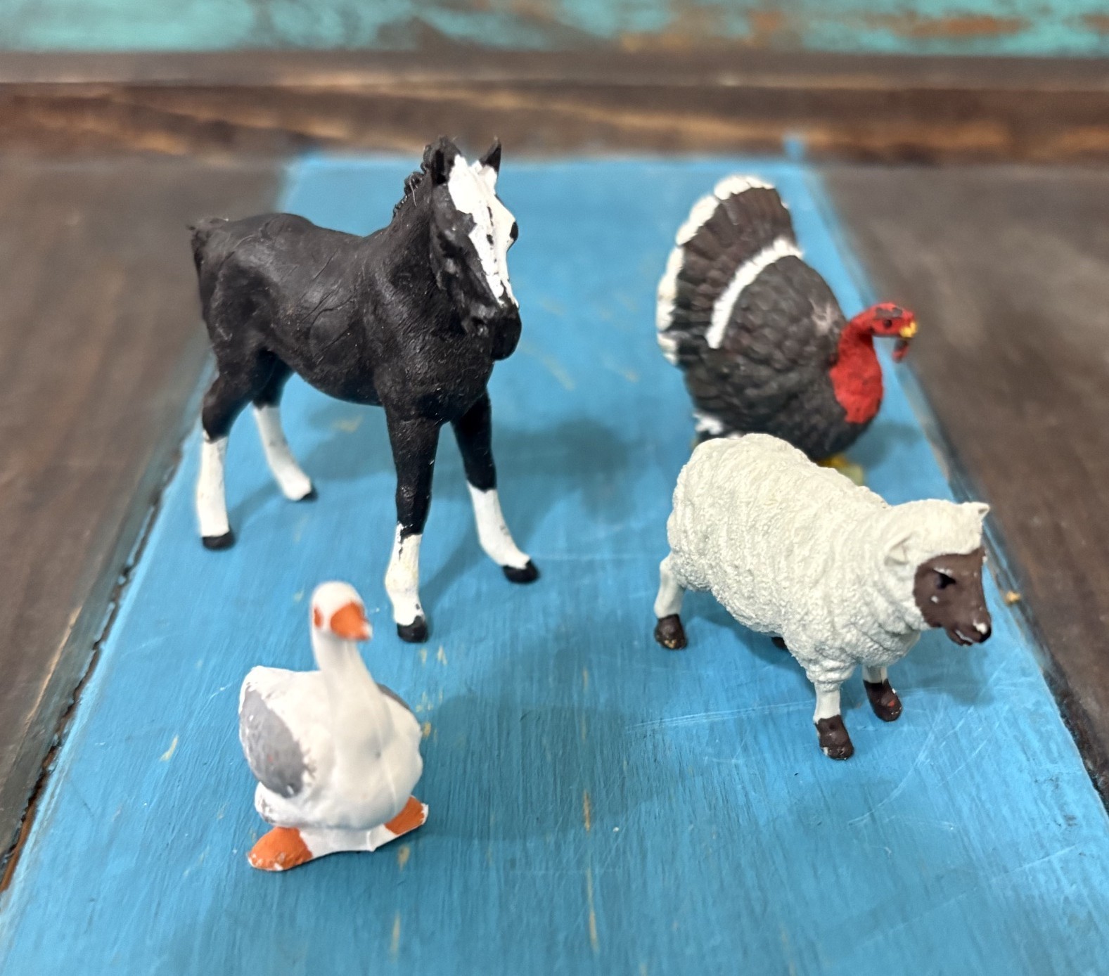 Vintage 4 Little Plastic Figurines England Horse Turkey Goose Lamb Farm Animals