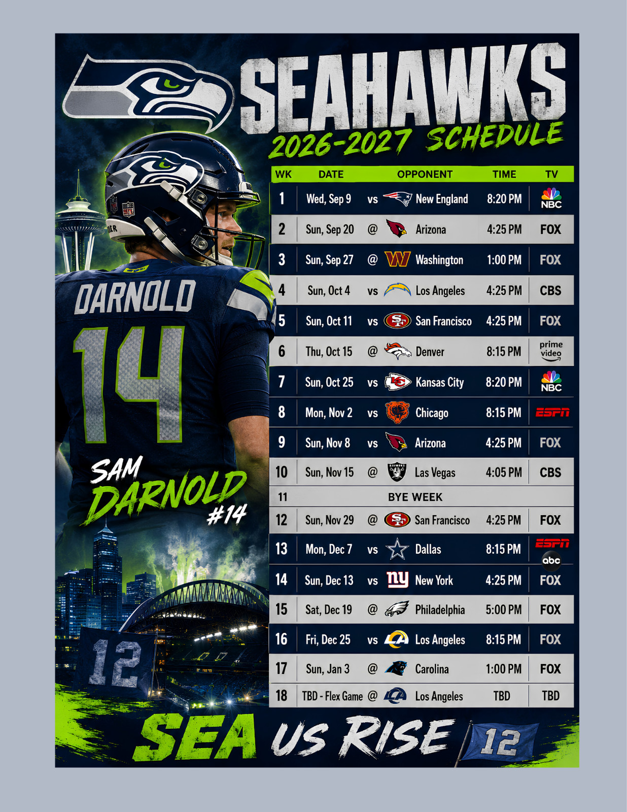 Seattle Seahawks Schedule 2026-27 Season Magnet (5 x 7 inches) High Def