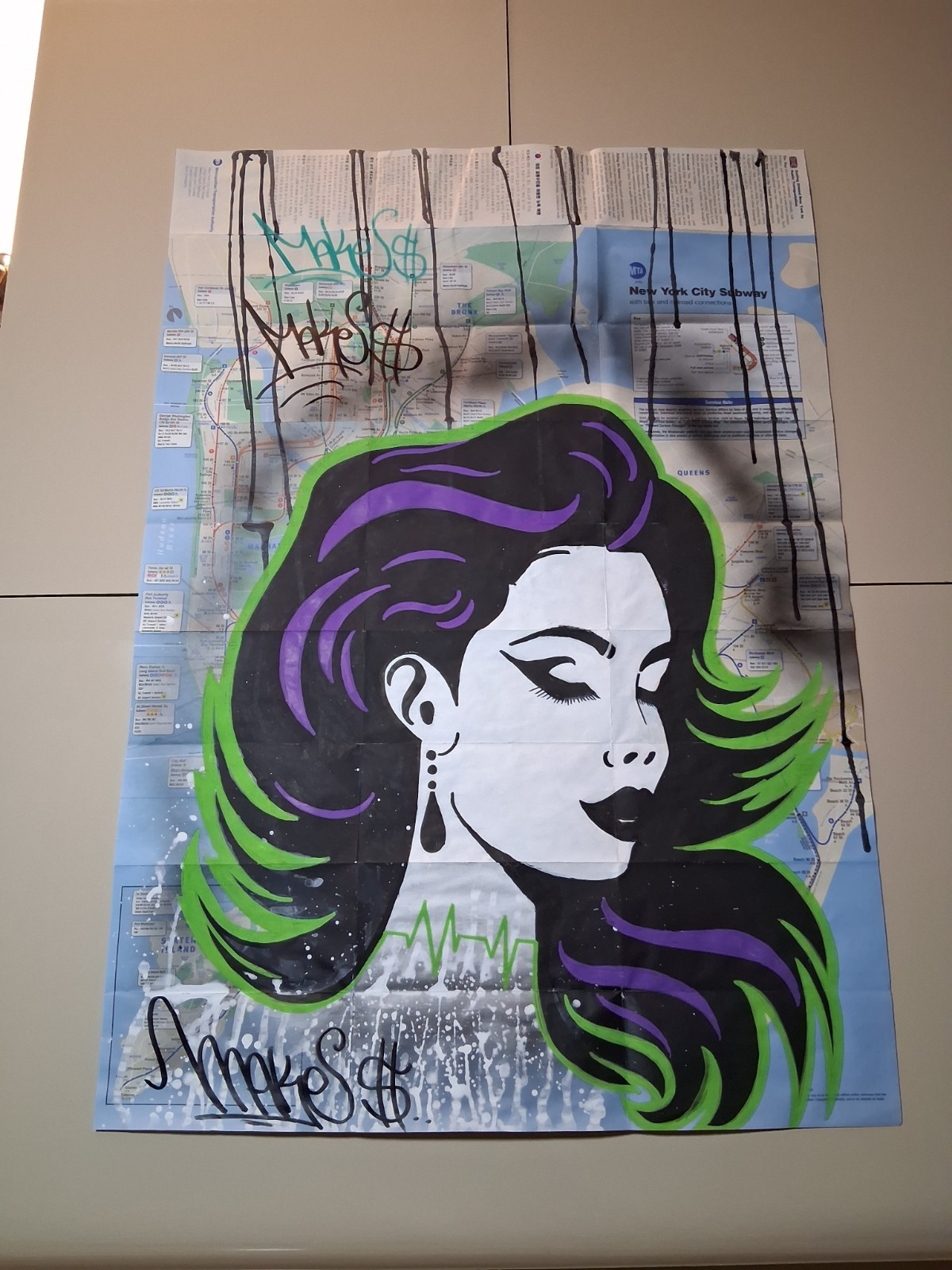 Supermodel Painting On NYC Train Map - 23 x 34 Inches - Original 