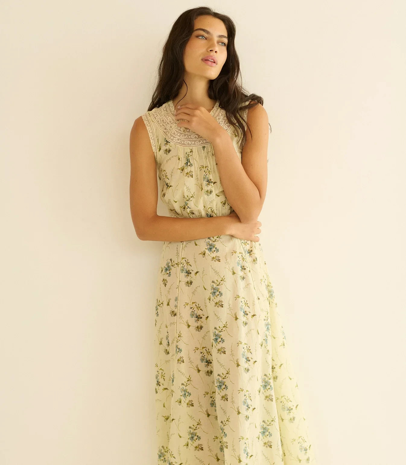 Doen Liliane Sunshine Prairie Rose Floral Print Lace Midi Maxi Gown Dress Size L