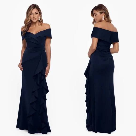 Xscape Navy Blue Ava Off the Shoulder Side Ruffle Evening Gown Size 14 $288 Xscape Navy Blue Ava Off the Shoulder Side Ruffle Evening Gown Size 14 $288