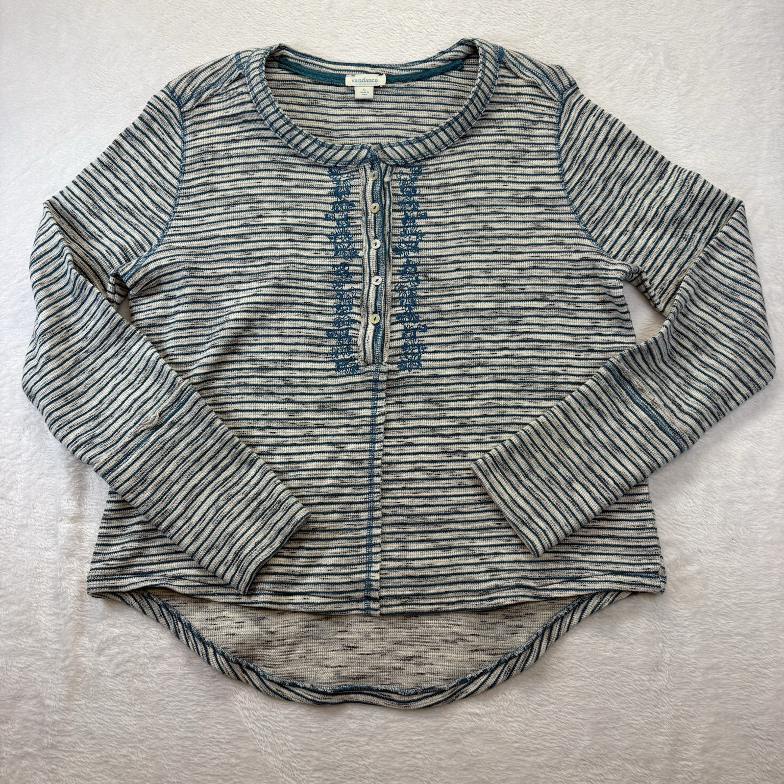 Sundance Shirt Women’s L Teal Striped Cabin Cozy Up Henley Thermal Embroidered