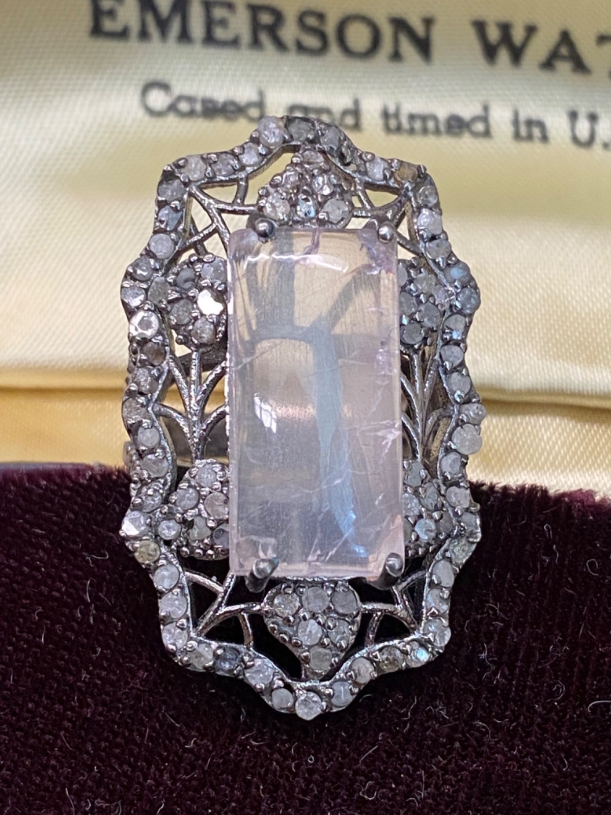 Magnificent Antique Art Deco Silver Ring – Natural Rose Quartz & Diamond