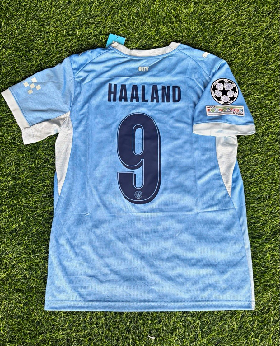 PUMA Manchester City Haaland #9 Soccer Jersey Men\'s S Blue/White UCL PUMA Manchester City Haaland #9 Soccer Jersey Men\'s S Blue/White UCL