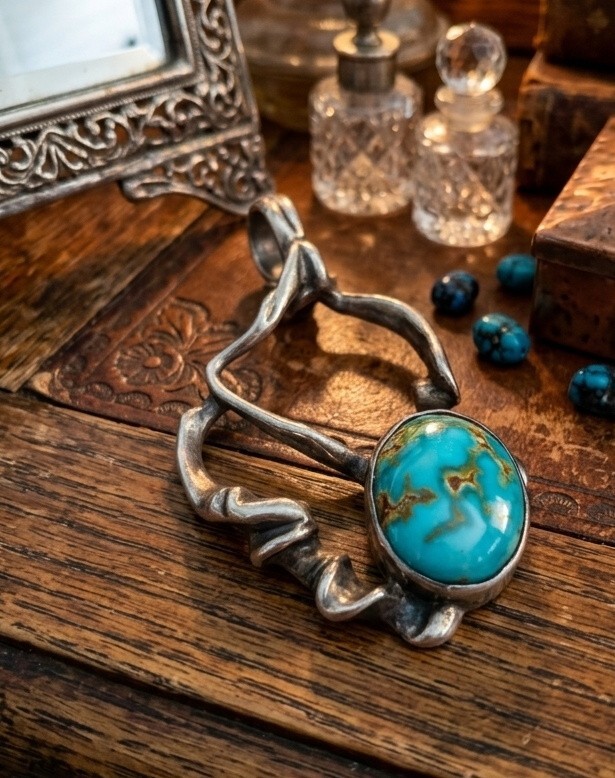 Vintage Navajo Tufa-Cast Sterling & Turquoise Pendant - Marked Chris Etsitty