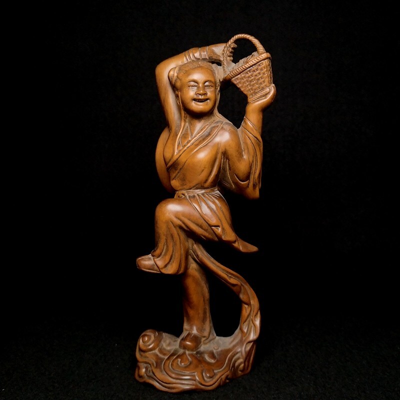 6 Inch Old Chinese Boxwood Wood Hand Carved Basket Immortal Lan Caihe Statue