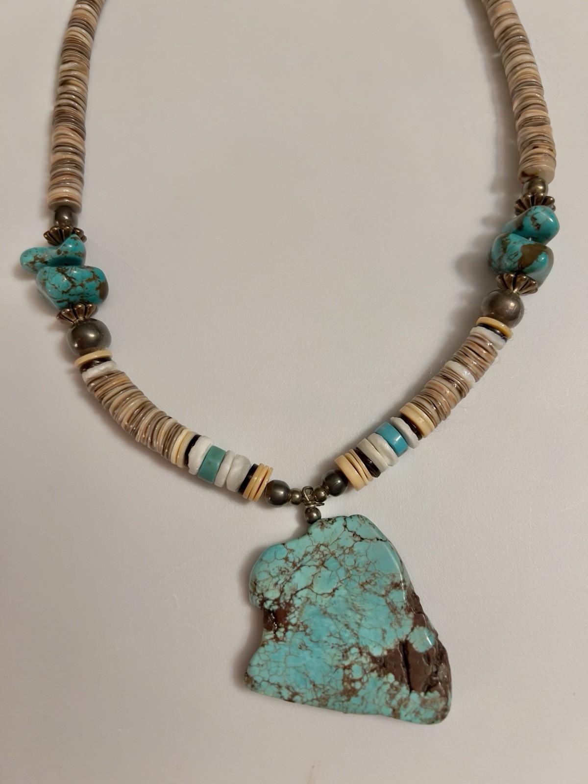 Genuine Turquoise Heishi Shell Bead Necklace Large Turquoise Pendant Genuine Turquoise Heishi Shell Bead Necklace Large Turquoise Pendant