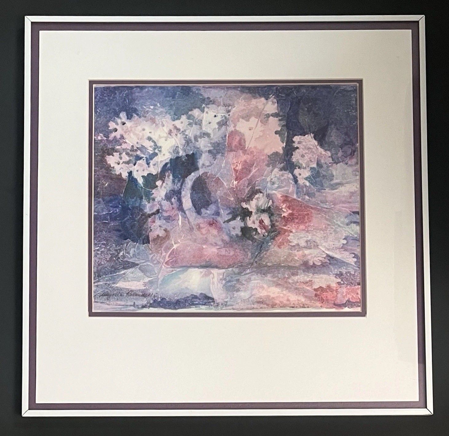 Abstract Watercolor Floral Still Life Painting by Marjorie Rolandelli Framed 18”