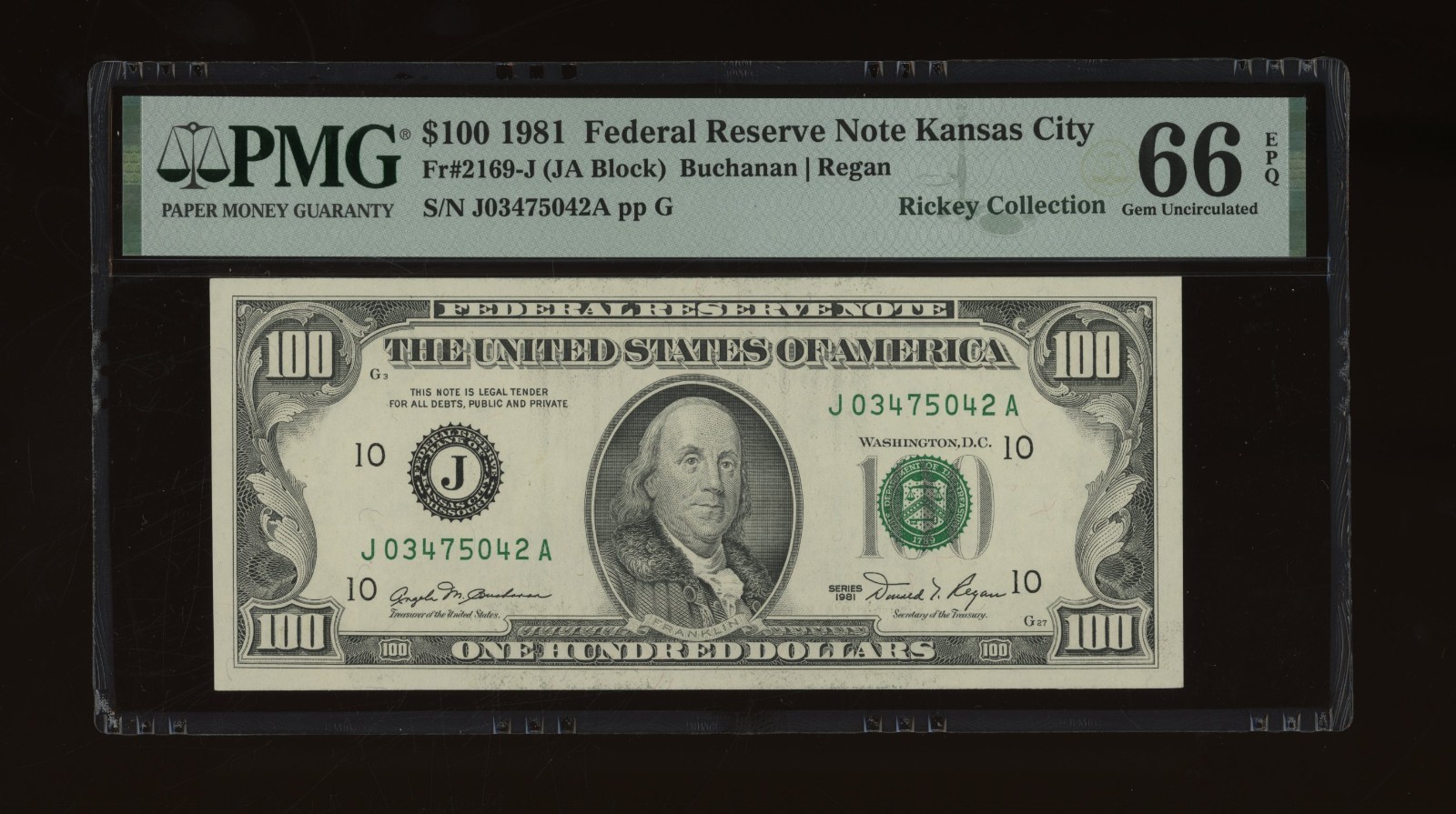 DBR 1981 $100 Kansas City Gem Fr. 2169-J PMG 66 EPQ Serial J03475042A