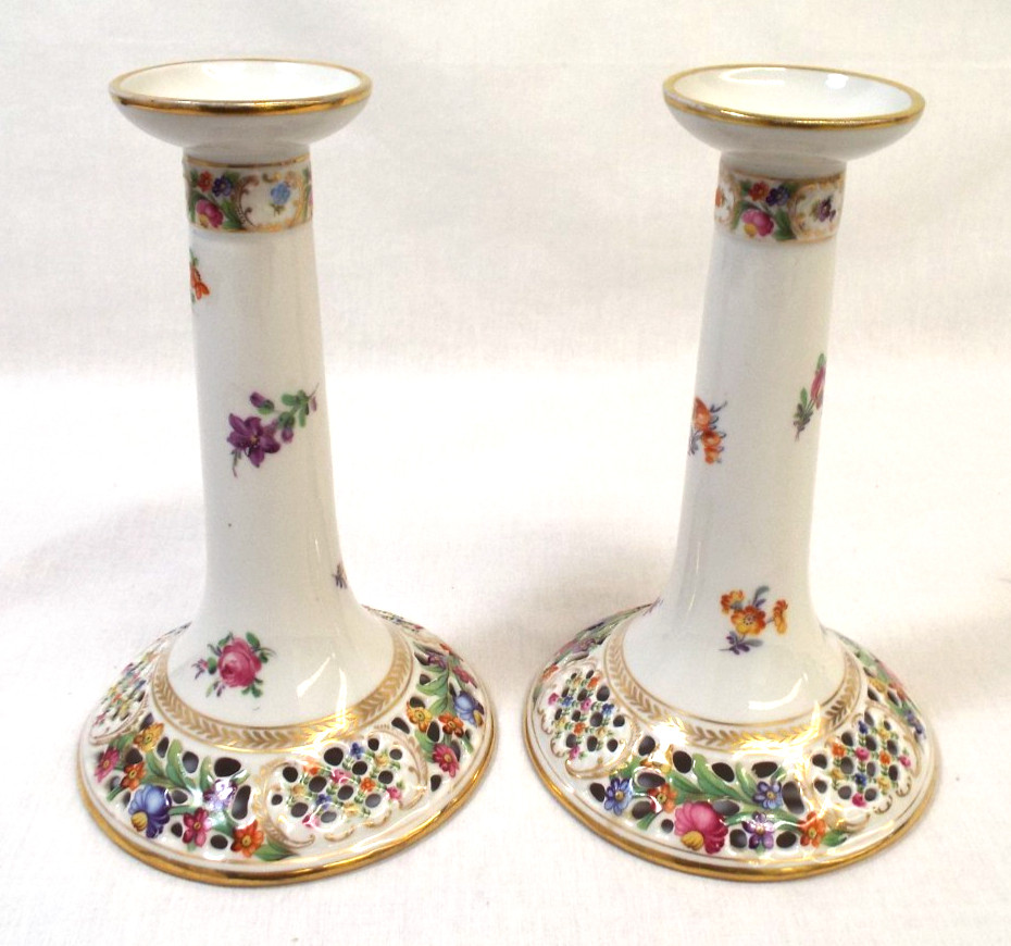 Vintage Schumann Empress Dresden Flowers Chateau Bavaria Candlestick Pair Gold