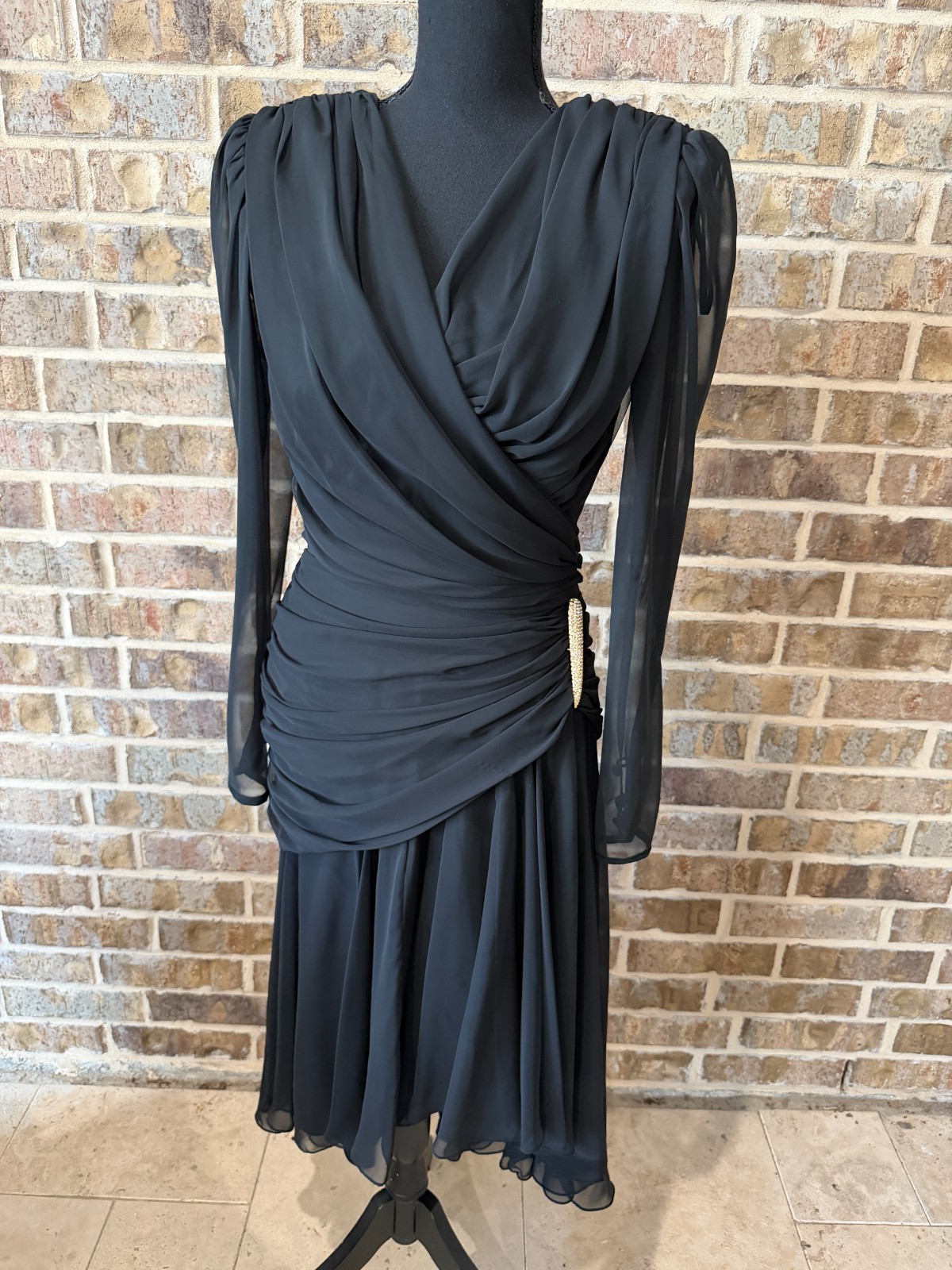 Elissa vintage 1980s black chiffon draped cocktail dress jeweled gathered 10