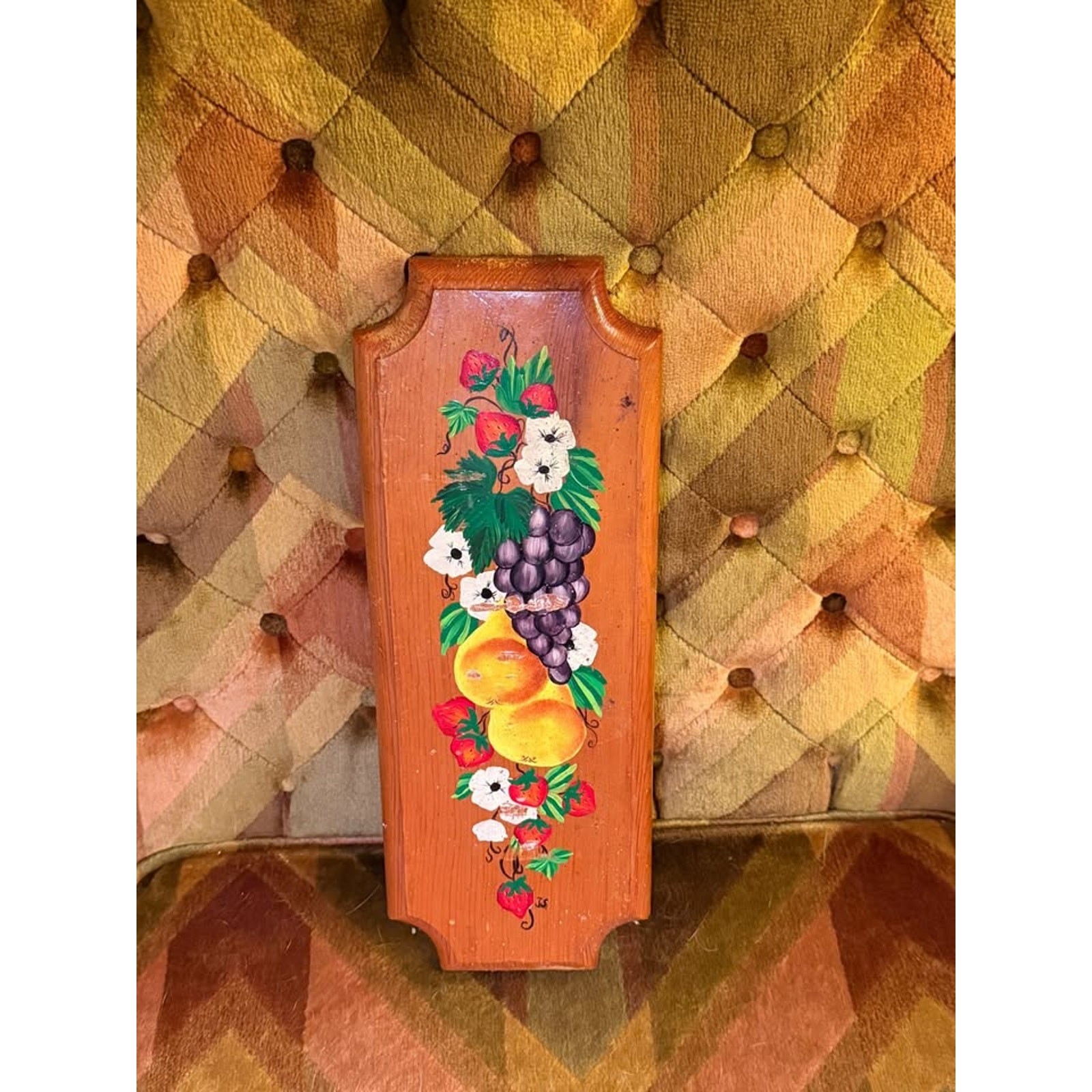 Vintage Hand-Painted Wood Fruit Plaque - Grapes, Peaches, Strawberries Wall Art