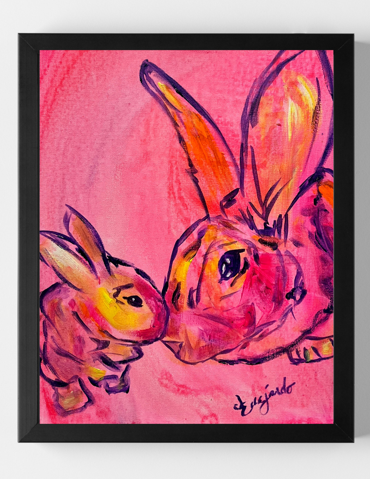 Guajardo Art: Bunny Nuzzle 14X11 Original Canvas Signed Expressionism Art